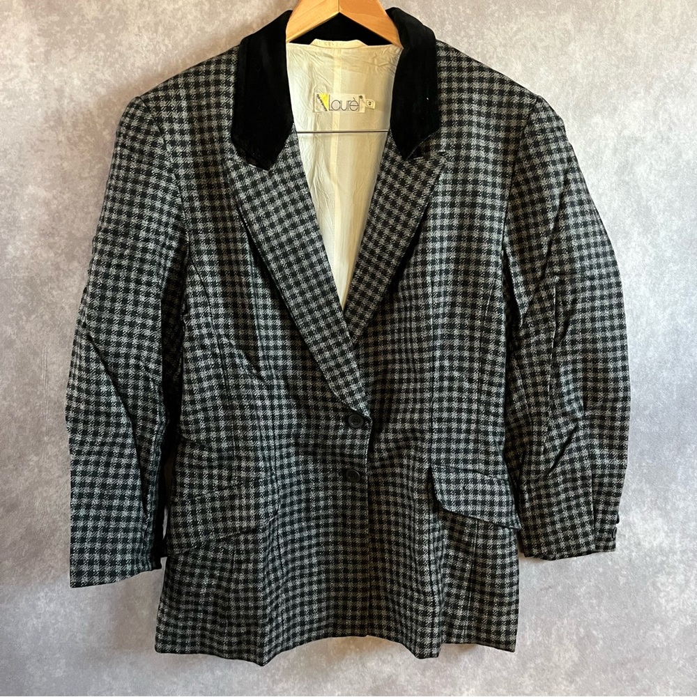 Laurel Blazer Womens 42 Black White Houndstooth Wool Velvet Collar West Germany